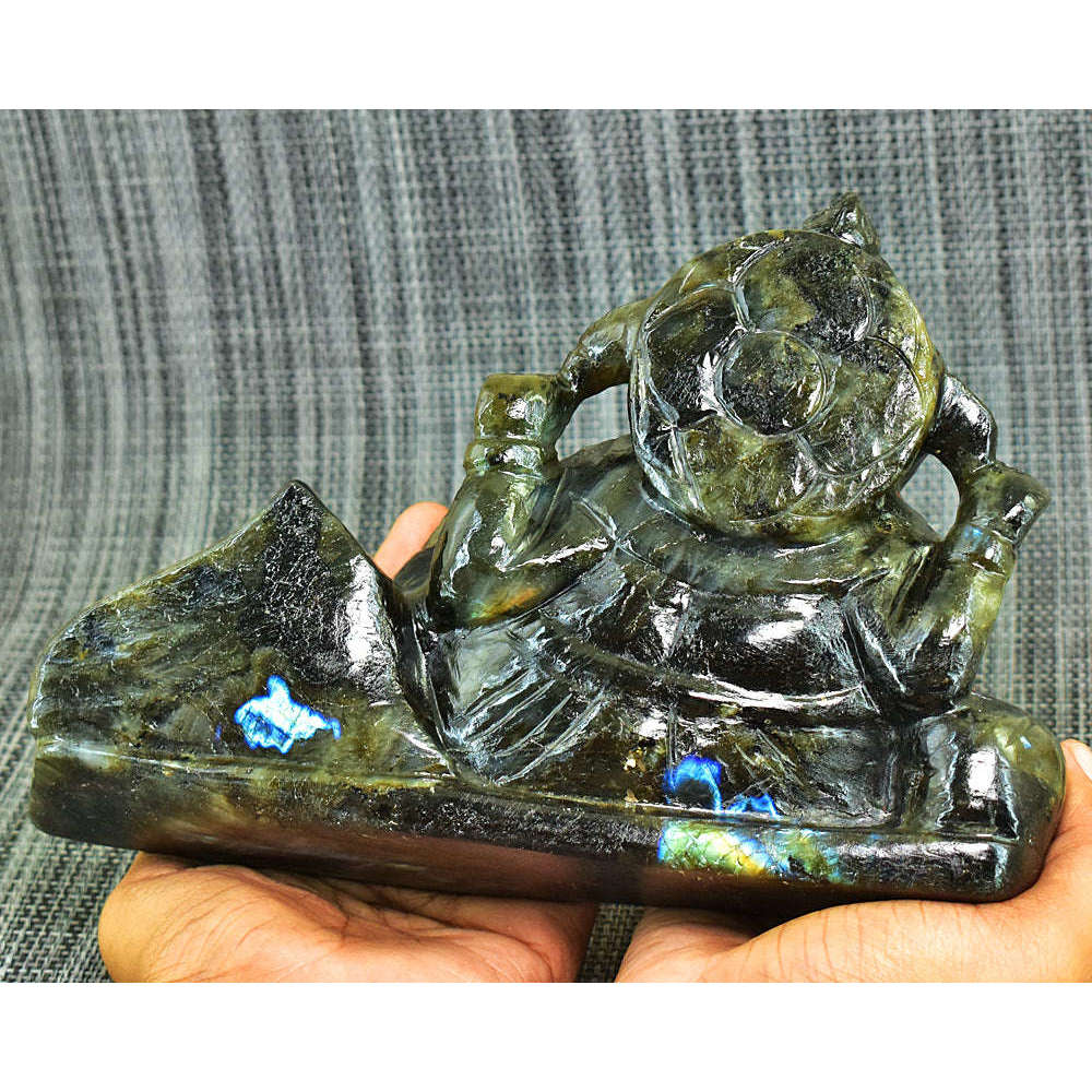 gemsmore:Stunning Labradorite Hand Carved Genuine Crystal Gemstone Carving Huge Lounging Lord Ganesha