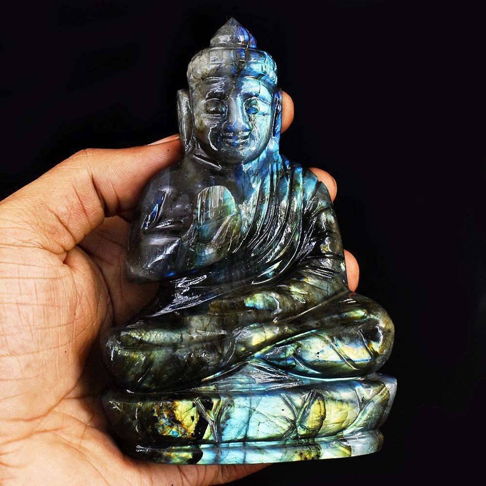 gemsmore:Stunning Labradorite Hand Carved Genuine Crystal Gemstone Carving Lord Buddha