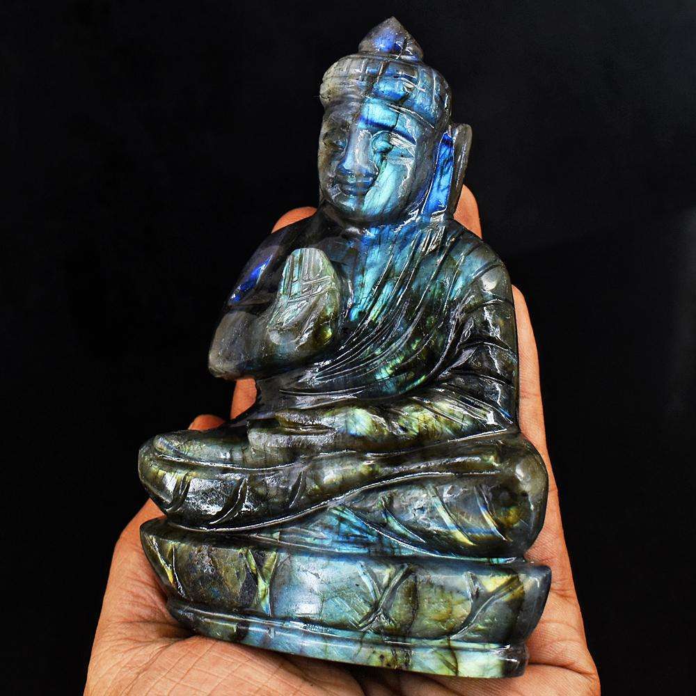 gemsmore:Stunning Labradorite Hand Carved Genuine Crystal Gemstone Carving Lord Buddha