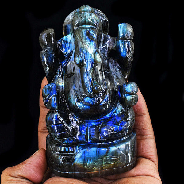 gemsmore:Stunning Labradorite Hand Carved Genuine Crystal Gemstone Carving Lord Ganesha