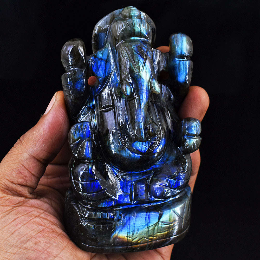 gemsmore:Stunning Labradorite Hand Carved Genuine Crystal Gemstone Carving Lord Ganesha