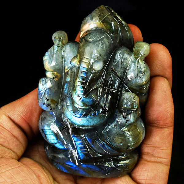 gemsmore:Stunning Labradorite Hand Carved Genuine Crystal Gemstone Carving Lord Ganesha