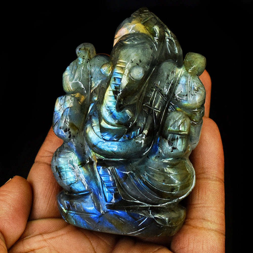 gemsmore:Stunning Labradorite Hand Carved Genuine Crystal Gemstone Carving Lord Ganesha