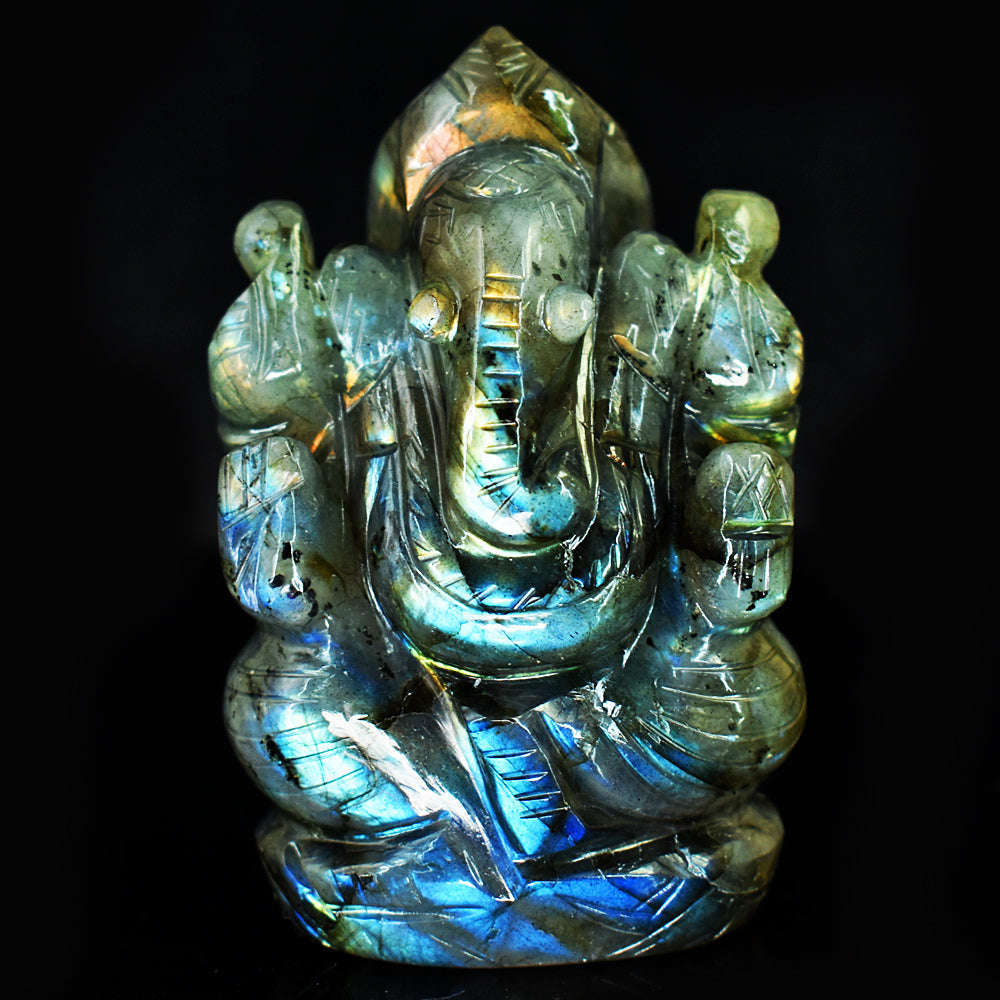 gemsmore:Stunning Labradorite Hand Carved Genuine Crystal Gemstone Carving Lord Ganesha