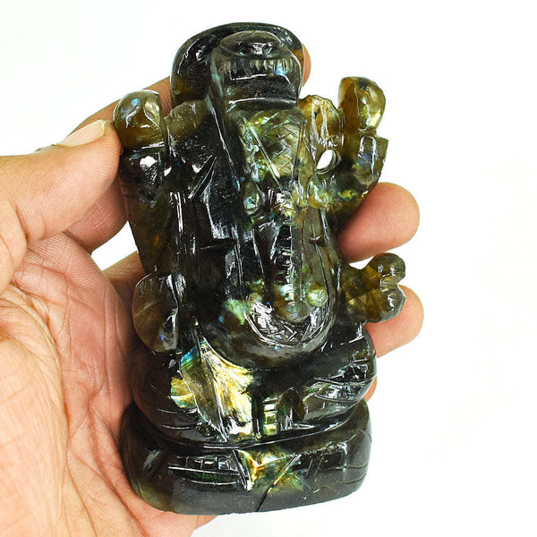 gemsmore:Stunning Labradorite Hand Carved Genuine Crystal Gemstone Carving Lord Ganesha