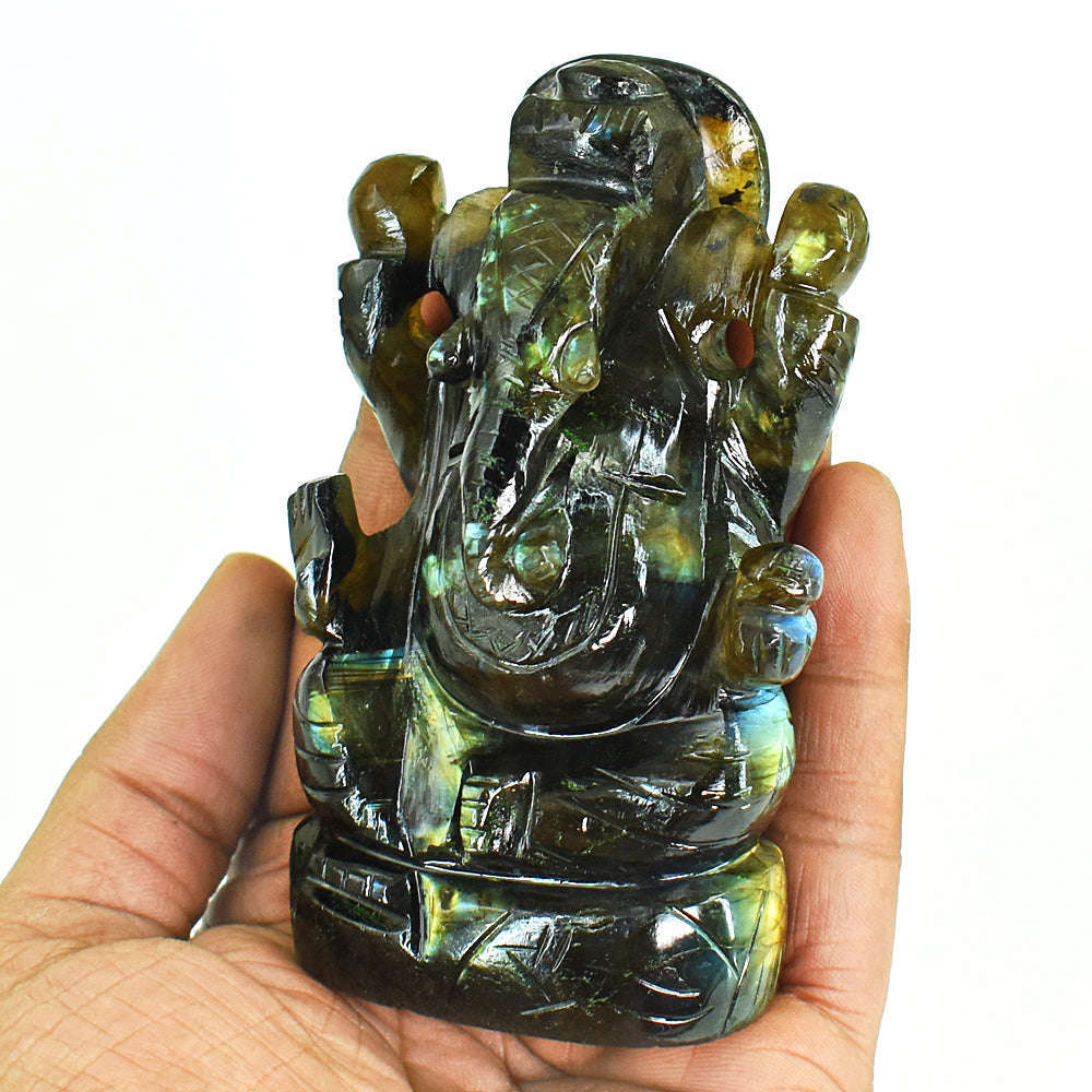 gemsmore:Stunning Labradorite Hand Carved Genuine Crystal Gemstone Carving Lord Ganesha