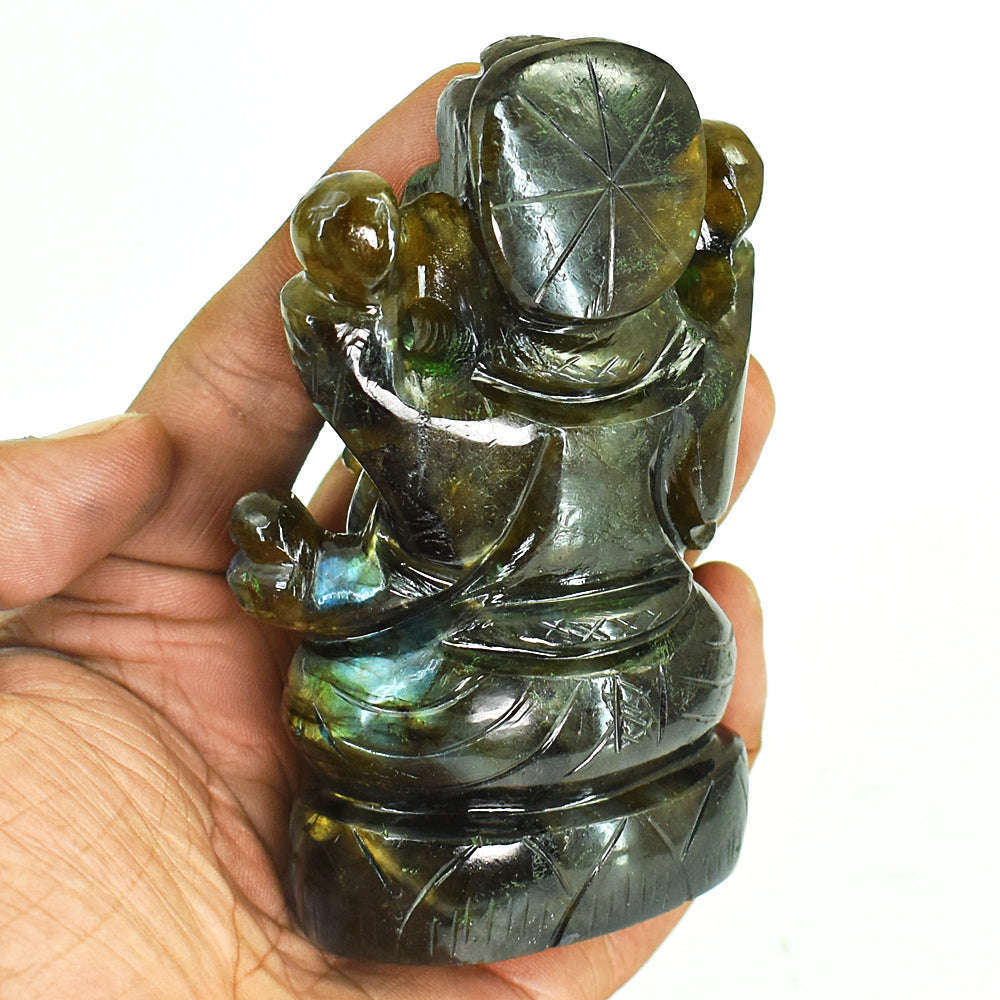 gemsmore:Stunning Labradorite Hand Carved Genuine Crystal Gemstone Carving Lord Ganesha