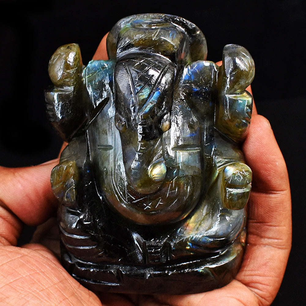 gemsmore:Stunning Labradorite Hand Carved Genuine Crystal Gemstone Carving Lord Ganesha