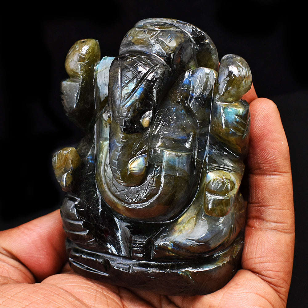 gemsmore:Stunning Labradorite Hand Carved Genuine Crystal Gemstone Carving Lord Ganesha