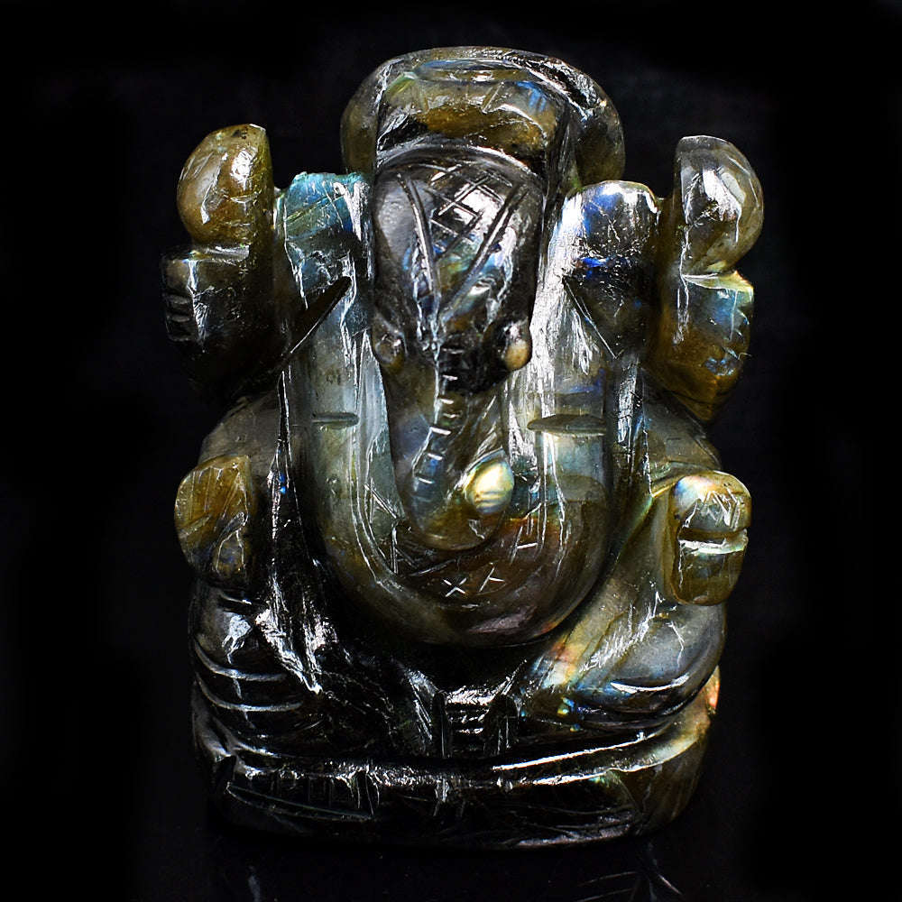 gemsmore:Stunning Labradorite Hand Carved Genuine Crystal Gemstone Carving Lord Ganesha