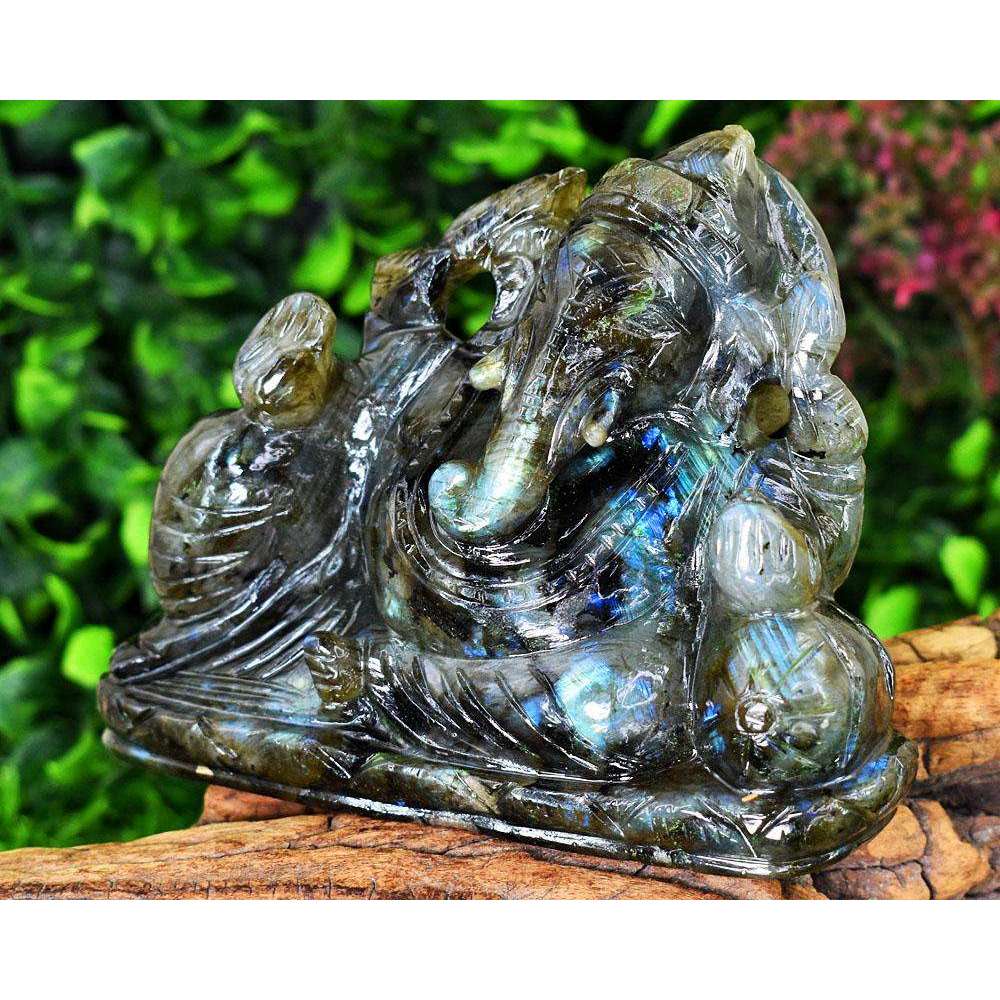 gemsmore:Stunning Labradorite Hand Carved Genuine Crystal Gemstone Carving Lord Ganesha