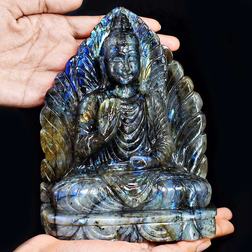 gemsmore:Stunning Labradorite Hand Carved Genuine Crystal Gemstone Carving Massive Leaf Palm Lord Buddha