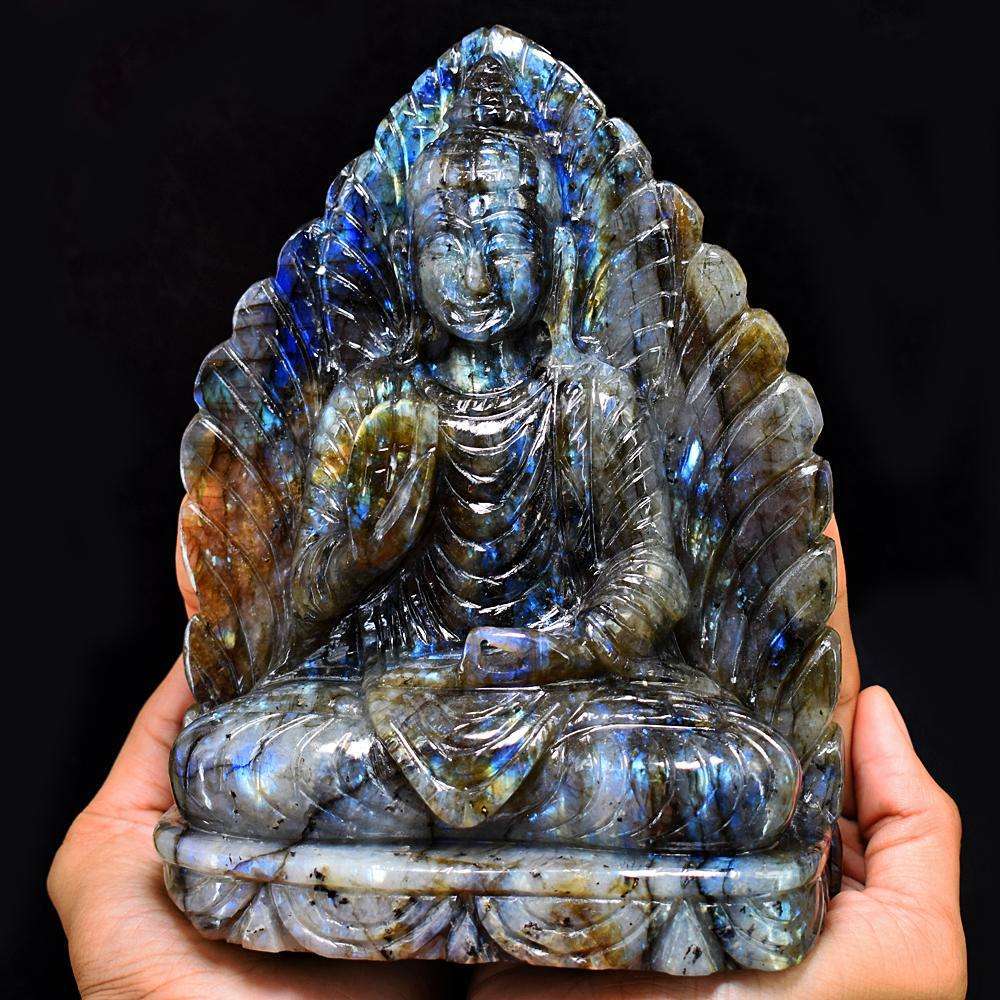 gemsmore:Stunning Labradorite Hand Carved Genuine Crystal Gemstone Carving Massive Leaf Palm Lord Buddha