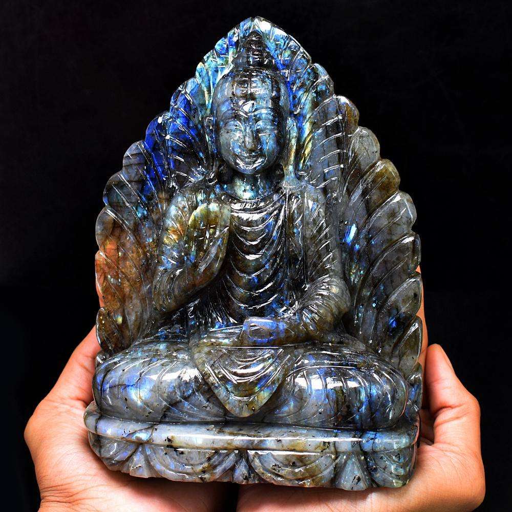 gemsmore:Stunning Labradorite Hand Carved Genuine Crystal Gemstone Carving Massive Leaf Palm Lord Buddha