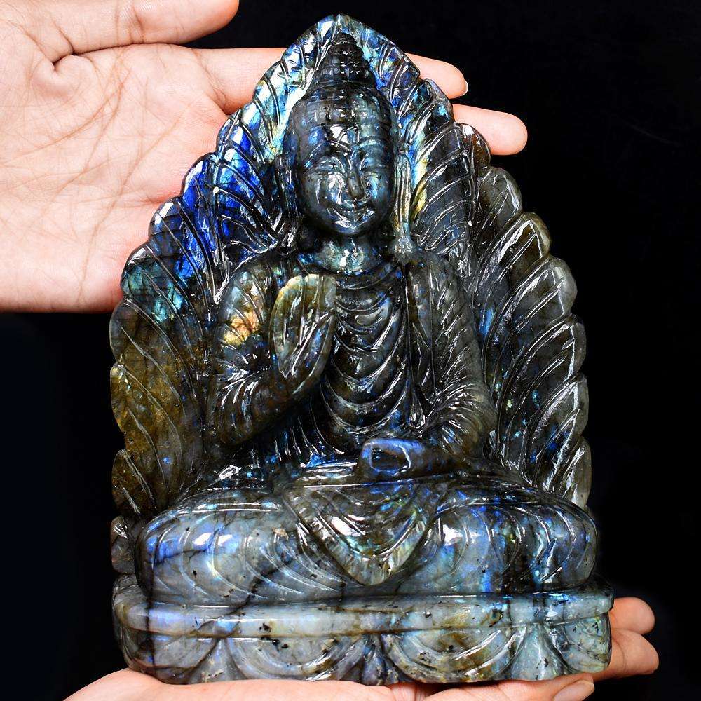 gemsmore:Stunning Labradorite Hand Carved Genuine Crystal Gemstone Carving Massive Leaf Palm Lord Buddha