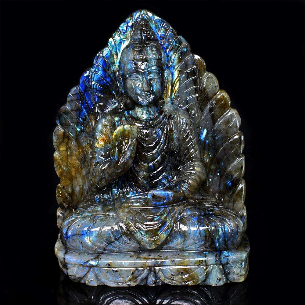 gemsmore:Stunning Labradorite Hand Carved Genuine Crystal Gemstone Carving Massive Leaf Palm Lord Buddha