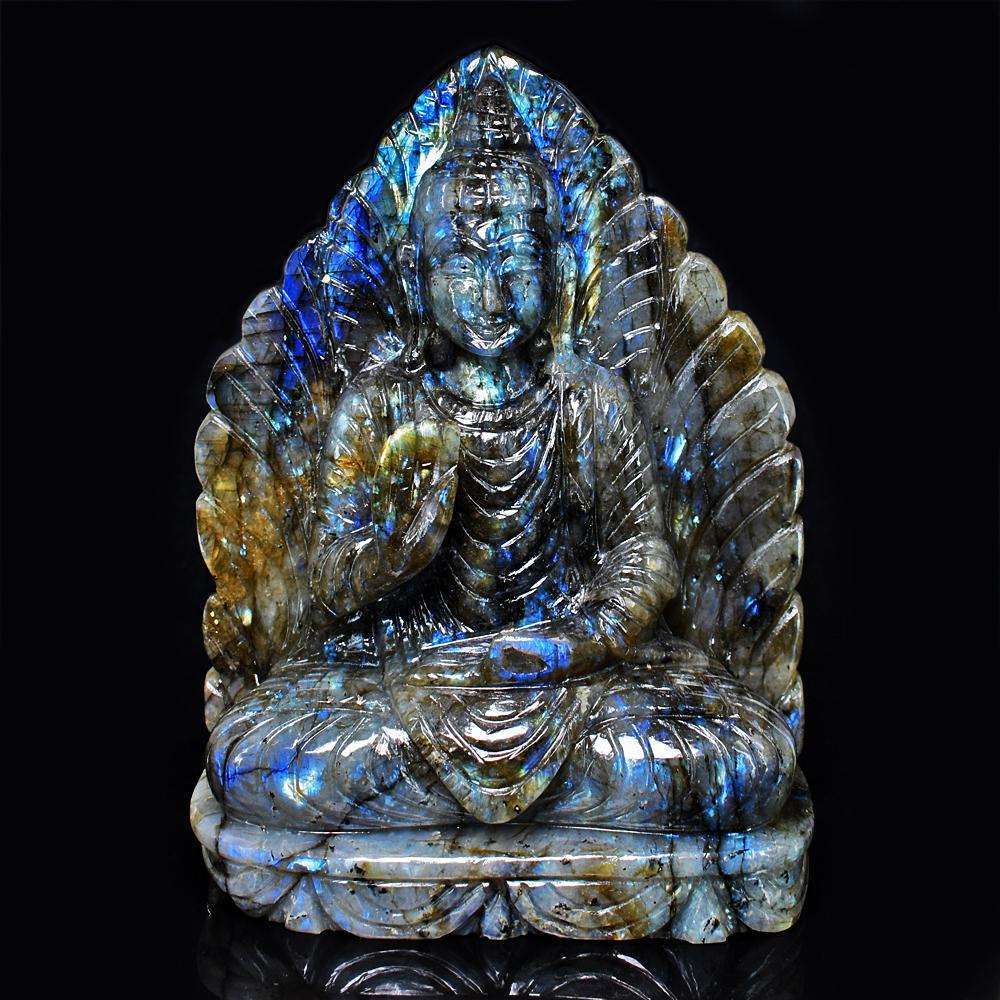 gemsmore:Stunning Labradorite Hand Carved Genuine Crystal Gemstone Carving Massive Leaf Palm Lord Buddha