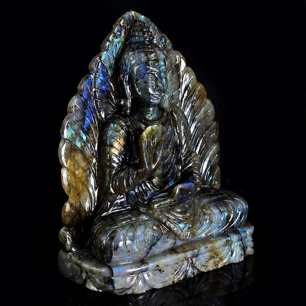 gemsmore:Stunning Labradorite Hand Carved Genuine Crystal Gemstone Carving Massive Leaf Palm Lord Buddha