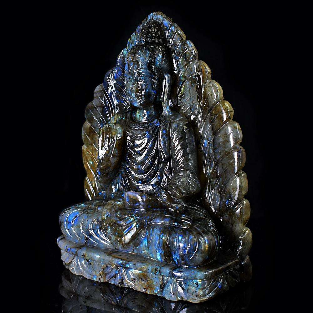 gemsmore:Stunning Labradorite Hand Carved Genuine Crystal Gemstone Carving Massive Leaf Palm Lord Buddha