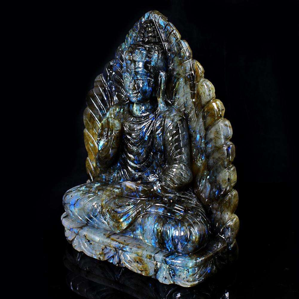 gemsmore:Stunning Labradorite Hand Carved Genuine Crystal Gemstone Carving Massive Leaf Palm Lord Buddha