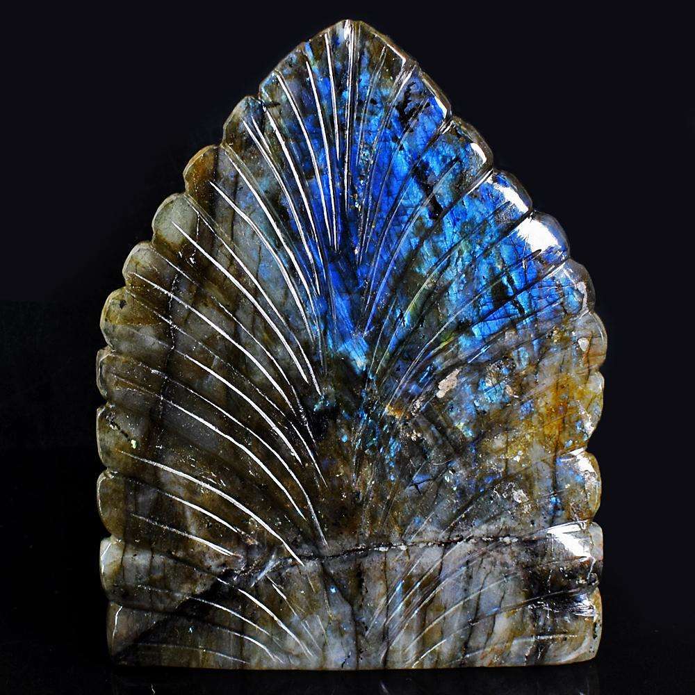 gemsmore:Stunning Labradorite Hand Carved Genuine Crystal Gemstone Carving Massive Leaf Palm Lord Buddha