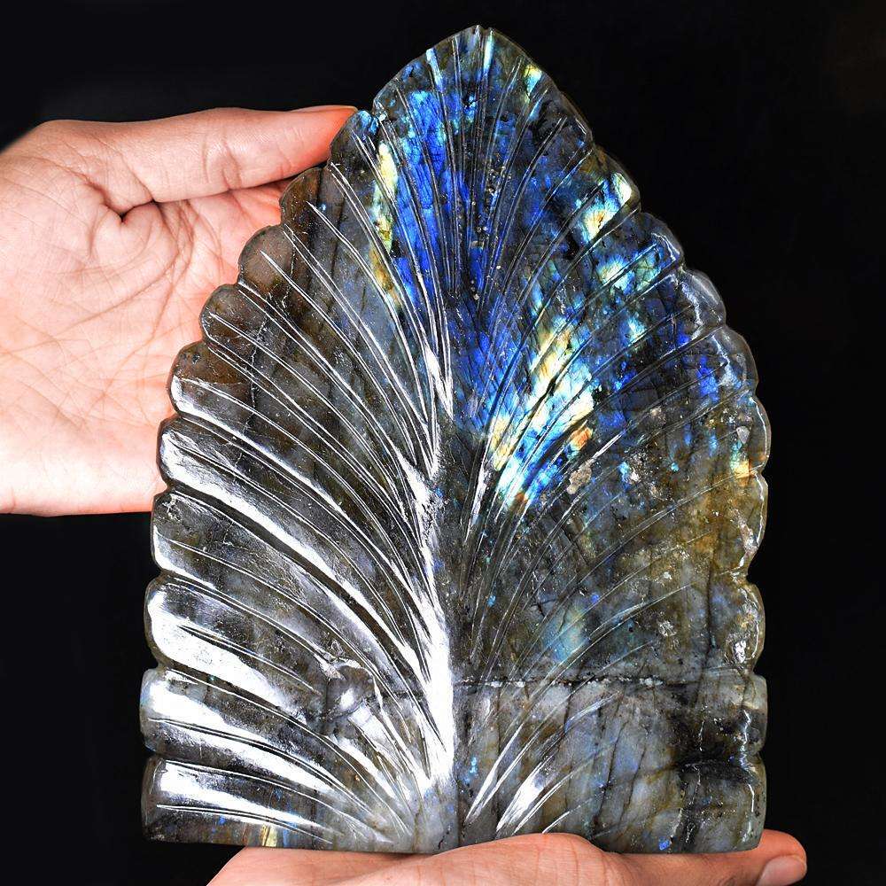 gemsmore:Stunning Labradorite Hand Carved Genuine Crystal Gemstone Carving Massive Leaf Palm Lord Buddha