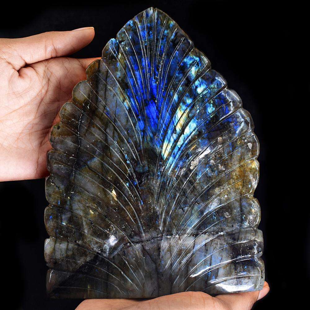 gemsmore:Stunning Labradorite Hand Carved Genuine Crystal Gemstone Carving Massive Leaf Palm Lord Buddha