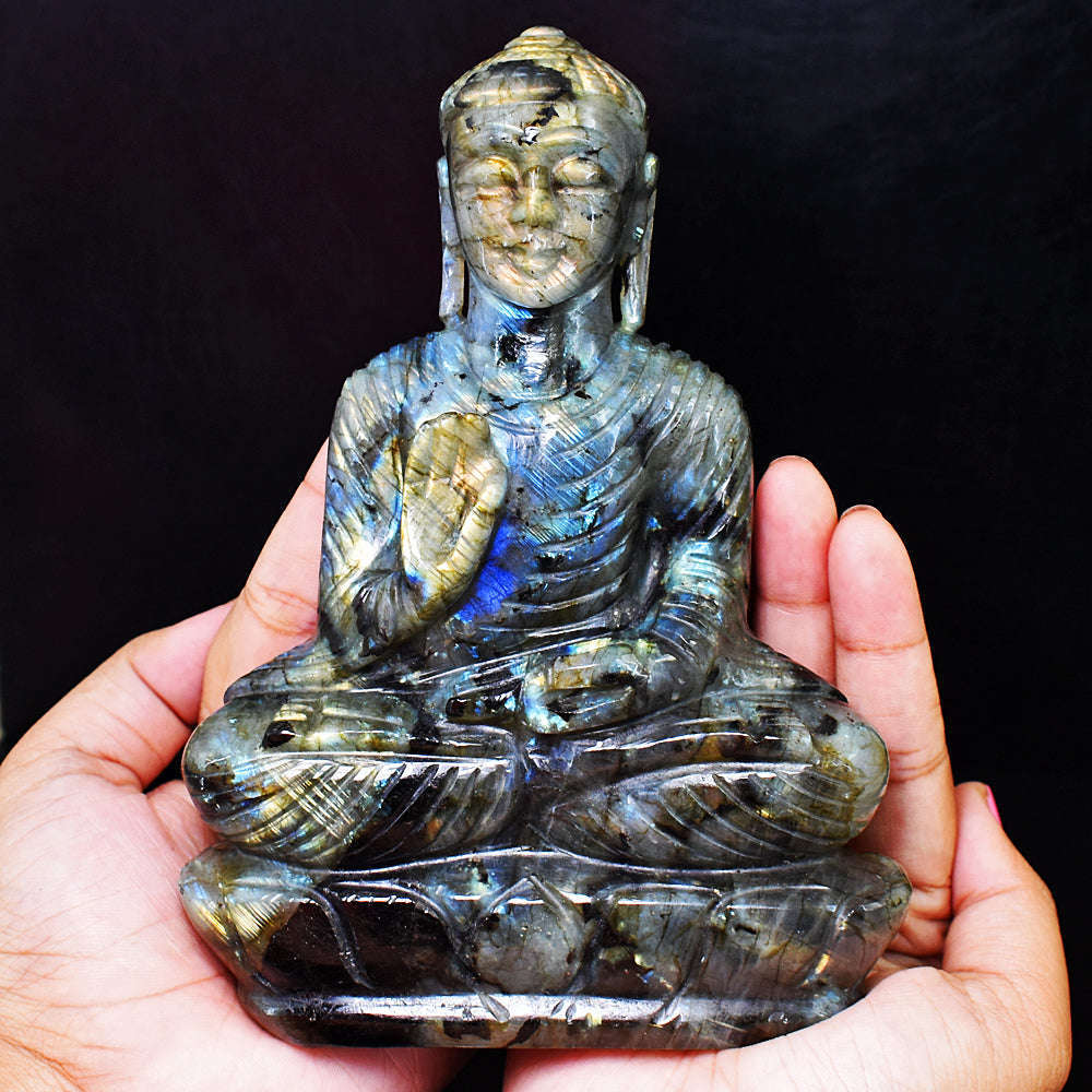 gemsmore:Stunning Labradorite Hand Carved Genuine Crystal Gemstone Carving Massive Lord Buddha