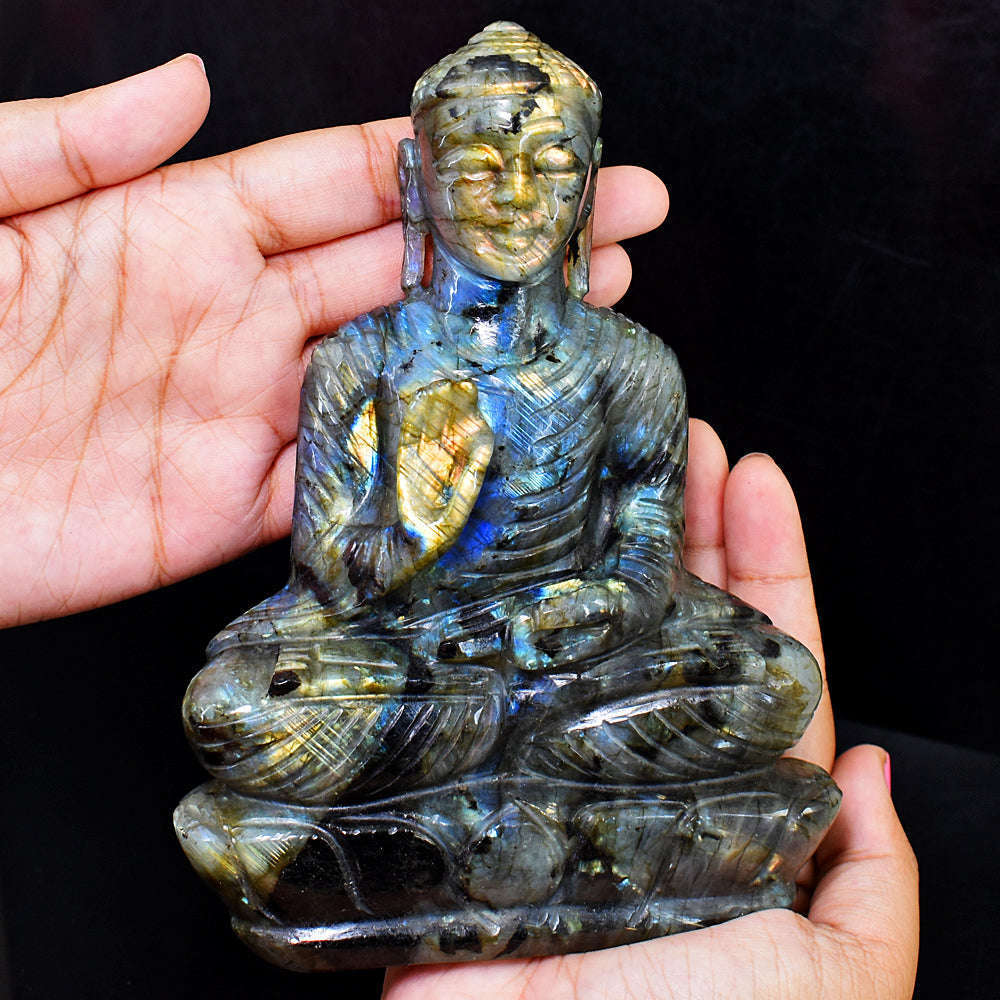 gemsmore:Stunning Labradorite Hand Carved Genuine Crystal Gemstone Carving Massive Lord Buddha