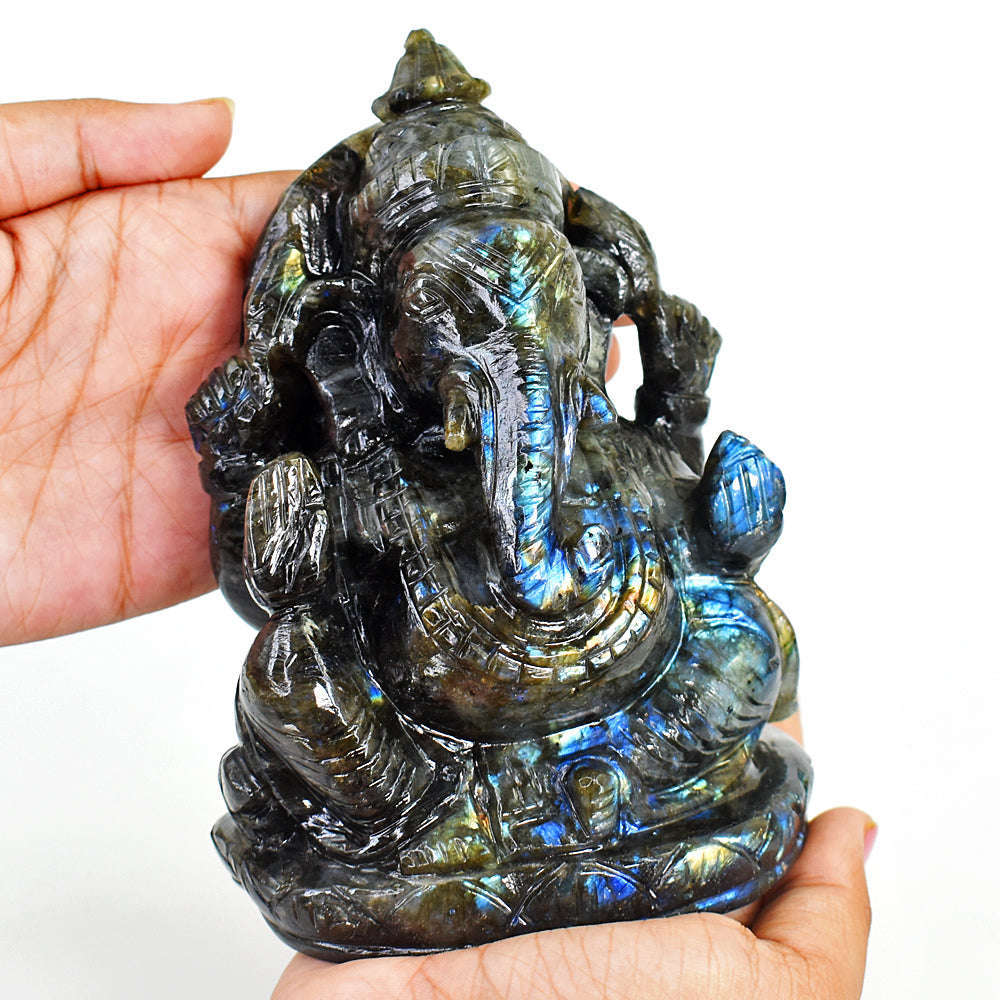 gemsmore:Stunning Labradorite Hand Carved Genuine Crystal Gemstone Carving Massive Lord Ganesha