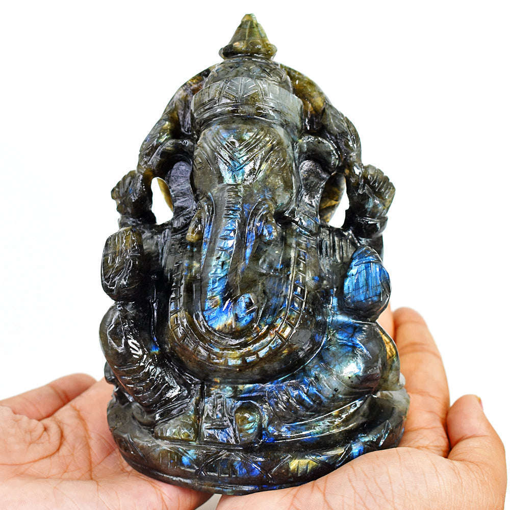 gemsmore:Stunning Labradorite Hand Carved Genuine Crystal Gemstone Carving Massive Lord Ganesha