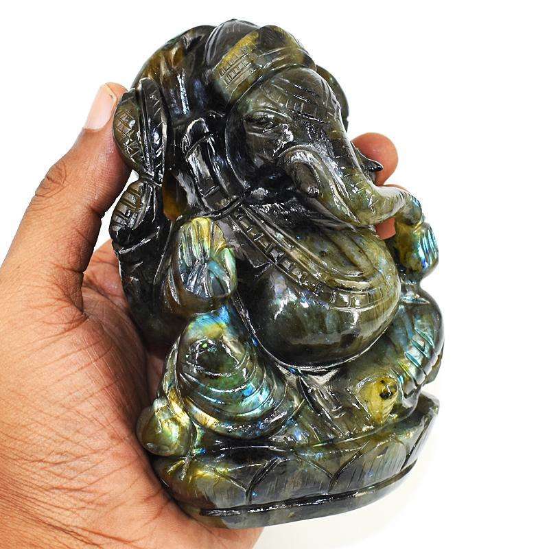 gemsmore:Stunning Labradorite Hand Carved Genuine Crystal Gemstone Carving Massive Lord Ganesha