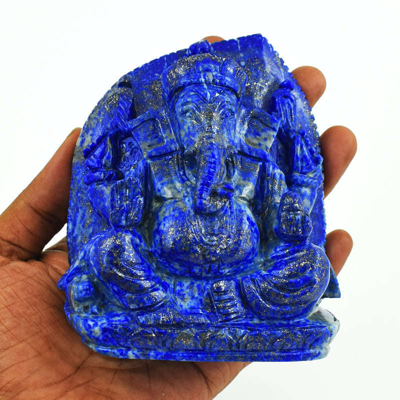 gemsmore:Stunning Lapis Lazuli  Hand Carved Genuine Crystal Gemstone Carving Leaf Palm  Lord Ganesha