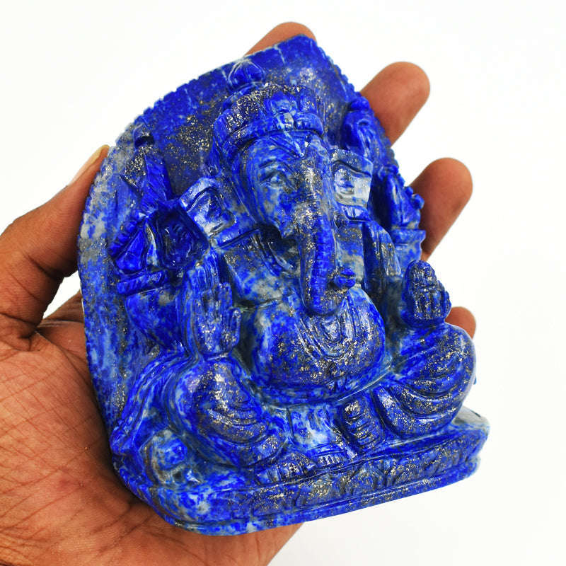 gemsmore:Stunning Lapis Lazuli  Hand Carved Genuine Crystal Gemstone Carving Leaf Palm  Lord Ganesha