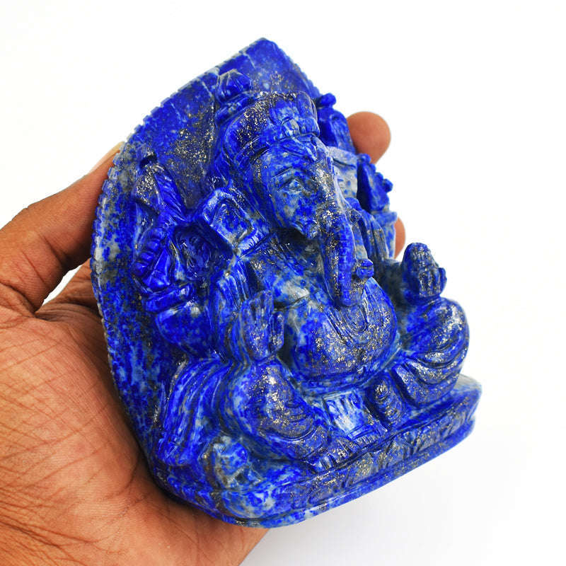 gemsmore:Stunning Lapis Lazuli  Hand Carved Genuine Crystal Gemstone Carving Leaf Palm  Lord Ganesha