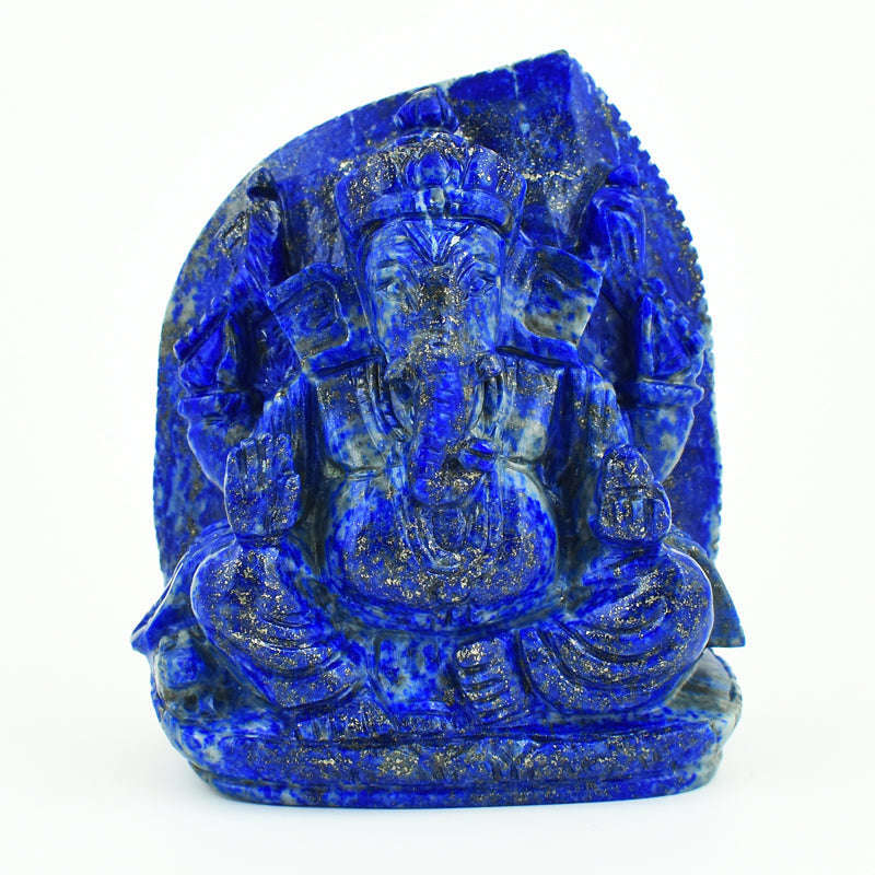 gemsmore:Stunning Lapis Lazuli  Hand Carved Genuine Crystal Gemstone Carving Leaf Palm  Lord Ganesha