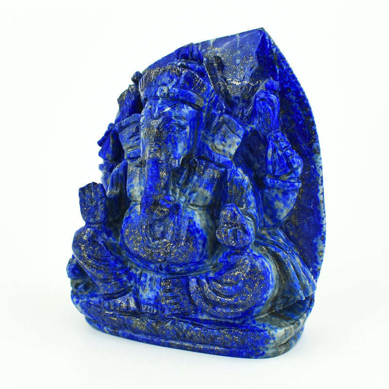 gemsmore:Stunning Lapis Lazuli  Hand Carved Genuine Crystal Gemstone Carving Leaf Palm  Lord Ganesha