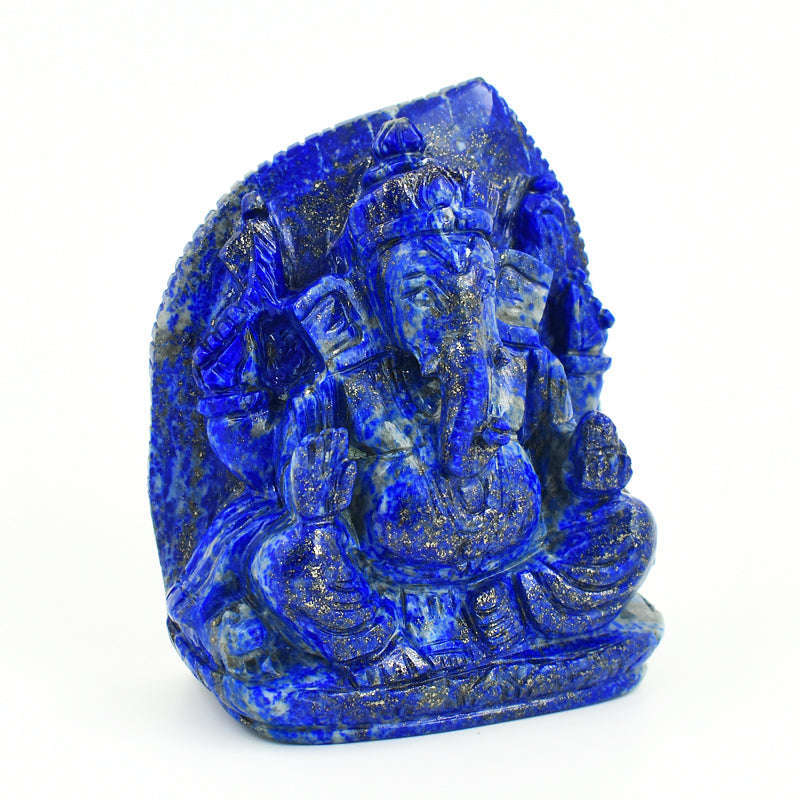 gemsmore:Stunning Lapis Lazuli  Hand Carved Genuine Crystal Gemstone Carving Leaf Palm  Lord Ganesha