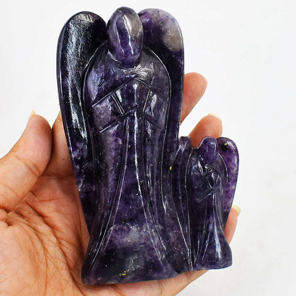 gemsmore:Stunning Lepidolite Hand Carved Genuine Crystal Gemstone Carving Mother & Son Angel