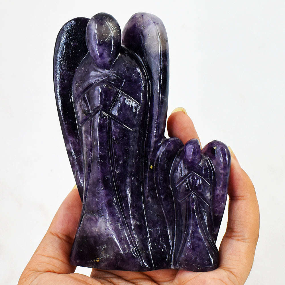 gemsmore:Stunning Lepidolite Hand Carved Genuine Crystal Gemstone Carving Mother & Son Angel