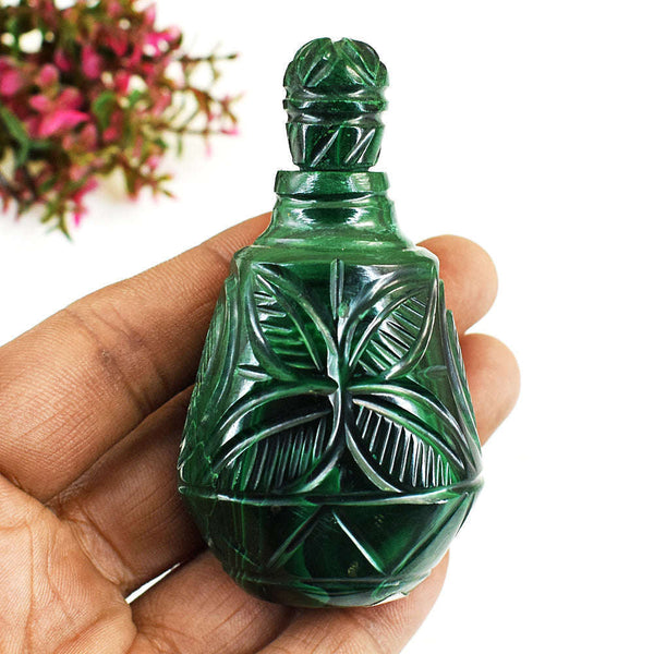 gemsmore:Stunning Malachite  Hand Carved Genuine Crystal Gemstone Carving Perfume Bottle