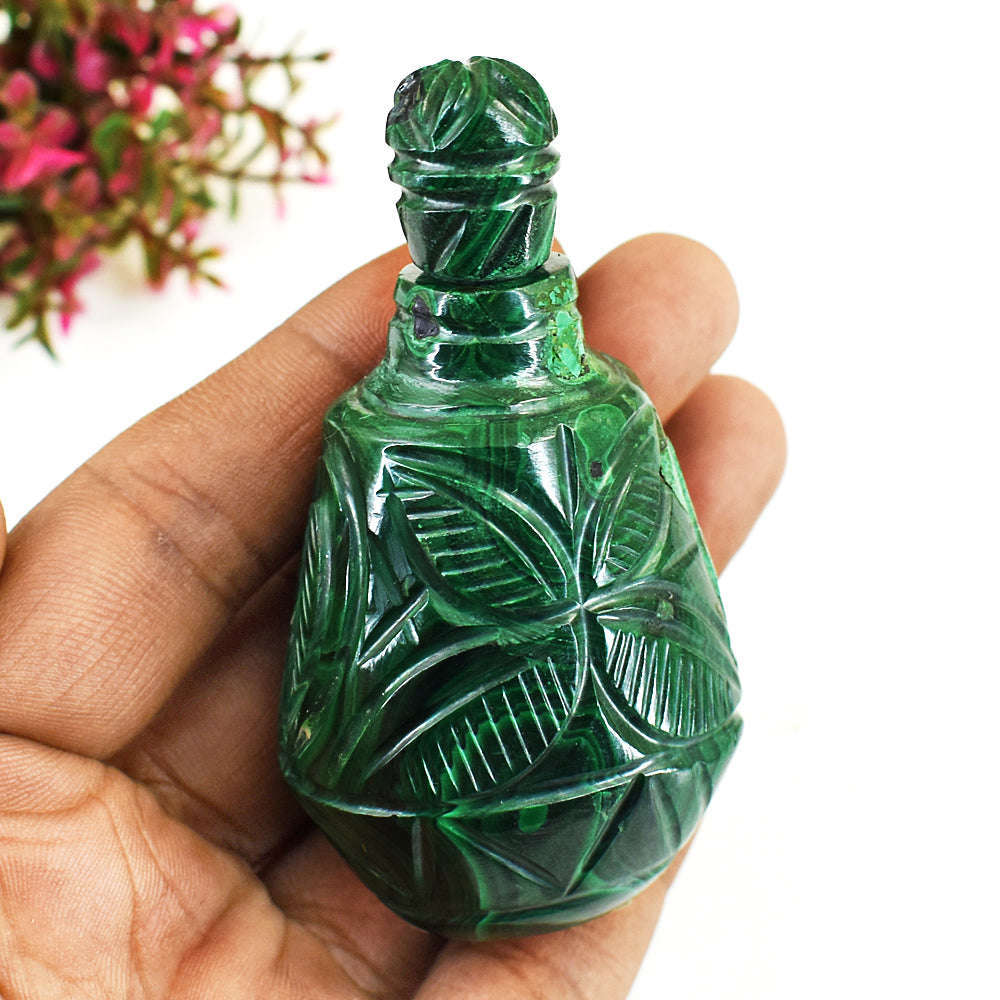gemsmore:Stunning Malachite  Hand Carved Genuine Crystal Gemstone Carving Perfume Bottle