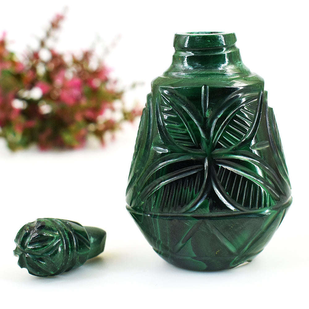 gemsmore:Stunning Malachite  Hand Carved Genuine Crystal Gemstone Carving Perfume Bottle