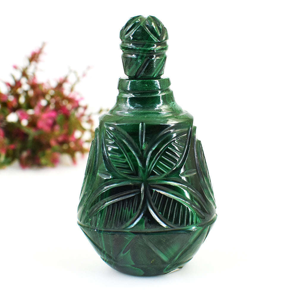 gemsmore:Stunning Malachite  Hand Carved Genuine Crystal Gemstone Carving Perfume Bottle