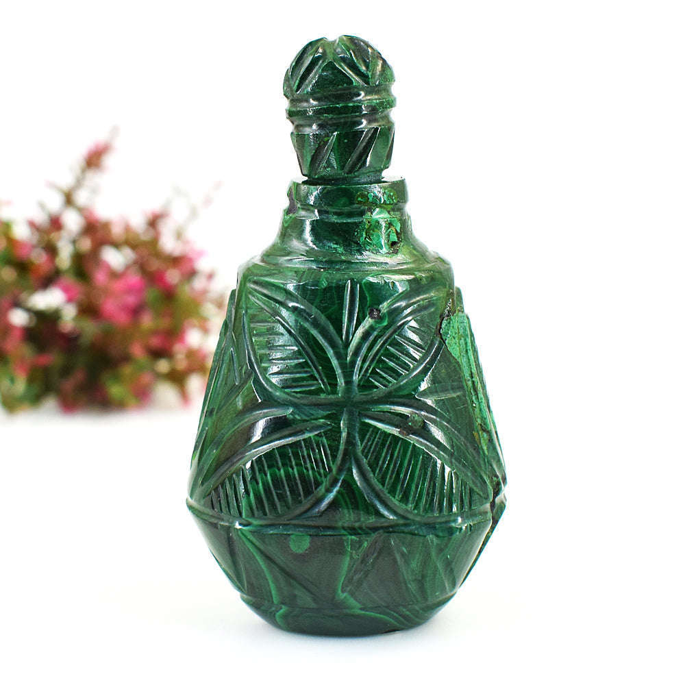gemsmore:Stunning Malachite  Hand Carved Genuine Crystal Gemstone Carving Perfume Bottle