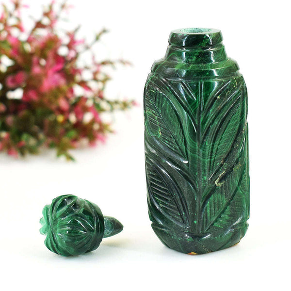 gemsmore:Stunning Malachite Hand Carved Genuine Crystal Gemstone Carving Perfume Bottle