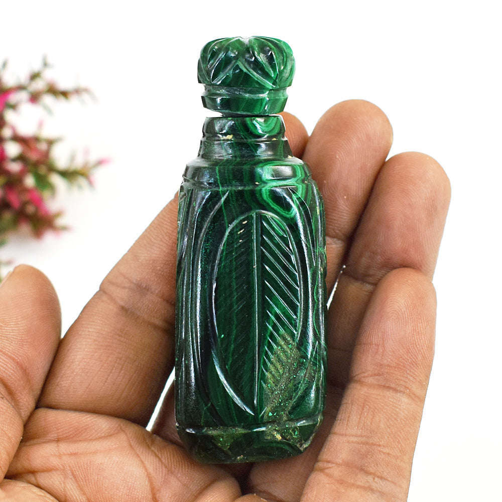 gemsmore:Stunning Malachite Hand Carved Genuine Crystal Gemstone Carving Perfume Bottle