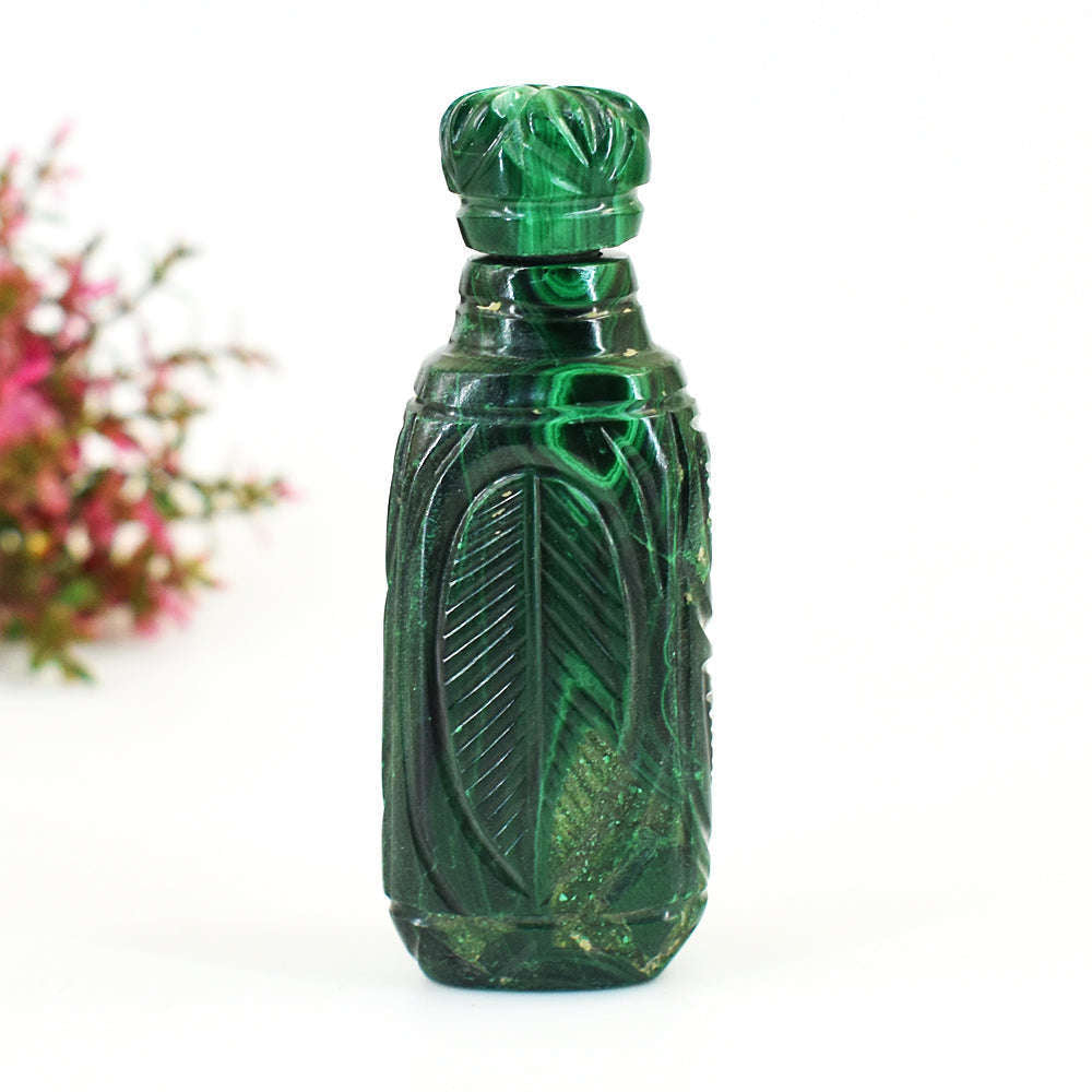 gemsmore:Stunning Malachite Hand Carved Genuine Crystal Gemstone Carving Perfume Bottle