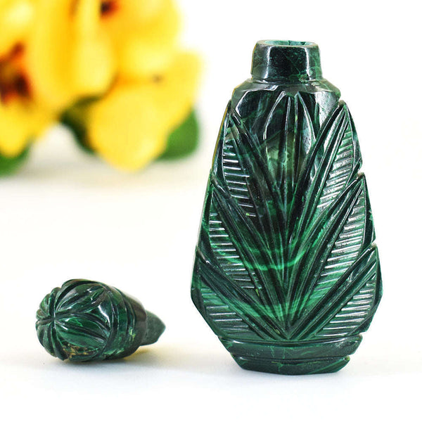 gemsmore:Stunning Malachite Hand Carved Genuine Crystal Gemstone Carving Perfume Bottle