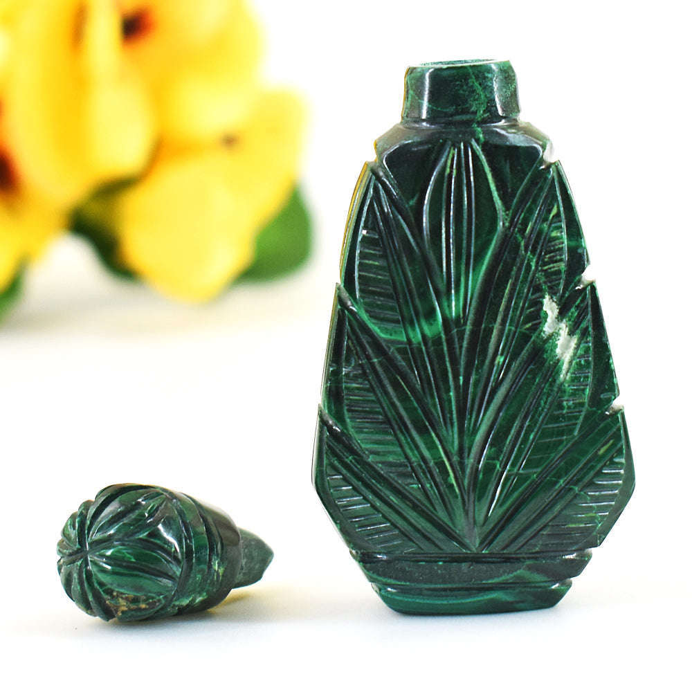 gemsmore:Stunning Malachite Hand Carved Genuine Crystal Gemstone Carving Perfume Bottle